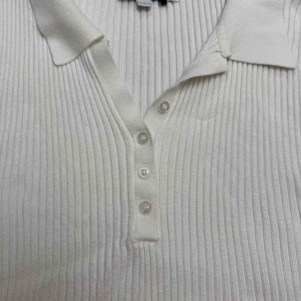 DKNY Jeans Ribbed Knit Polo Shirt Womens Large White Short Sleeve Stretch Top
